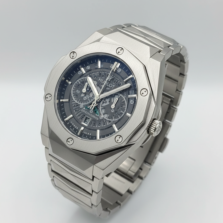 Luxury silver Hublot Diamond Cut Chain black Dial watch with a detailed face on a light gray background