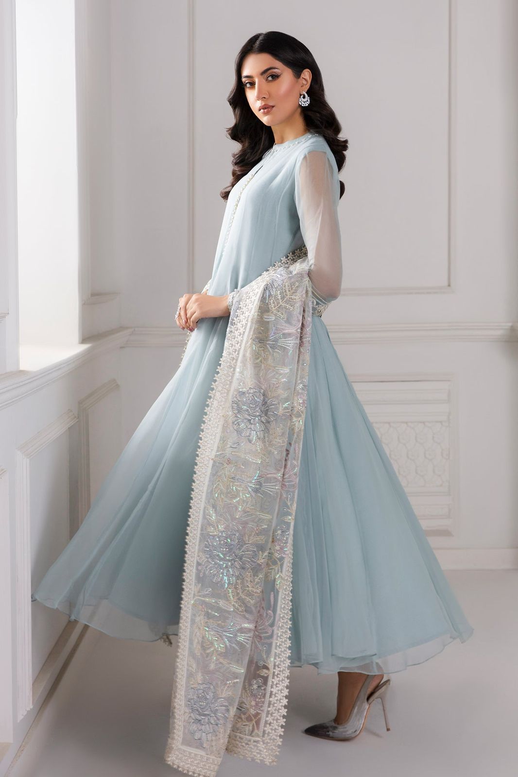 New Pure Chiffon Flairy Ready To Wear Frock With Buttons Gala