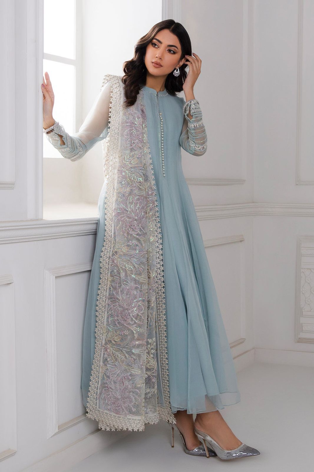 New Pure Chiffon Flairy Ready To Wear Frock With Buttons Gala