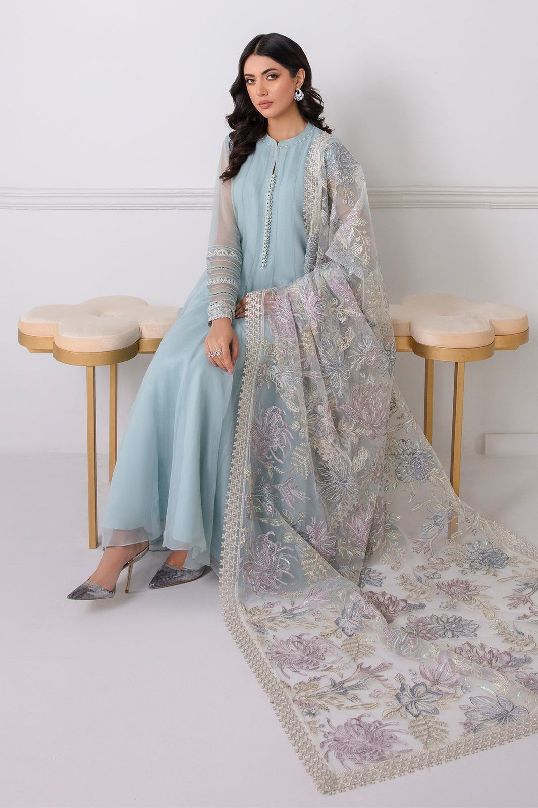 New Pure Chiffon Flairy Ready To Wear Frock With Buttons Gala