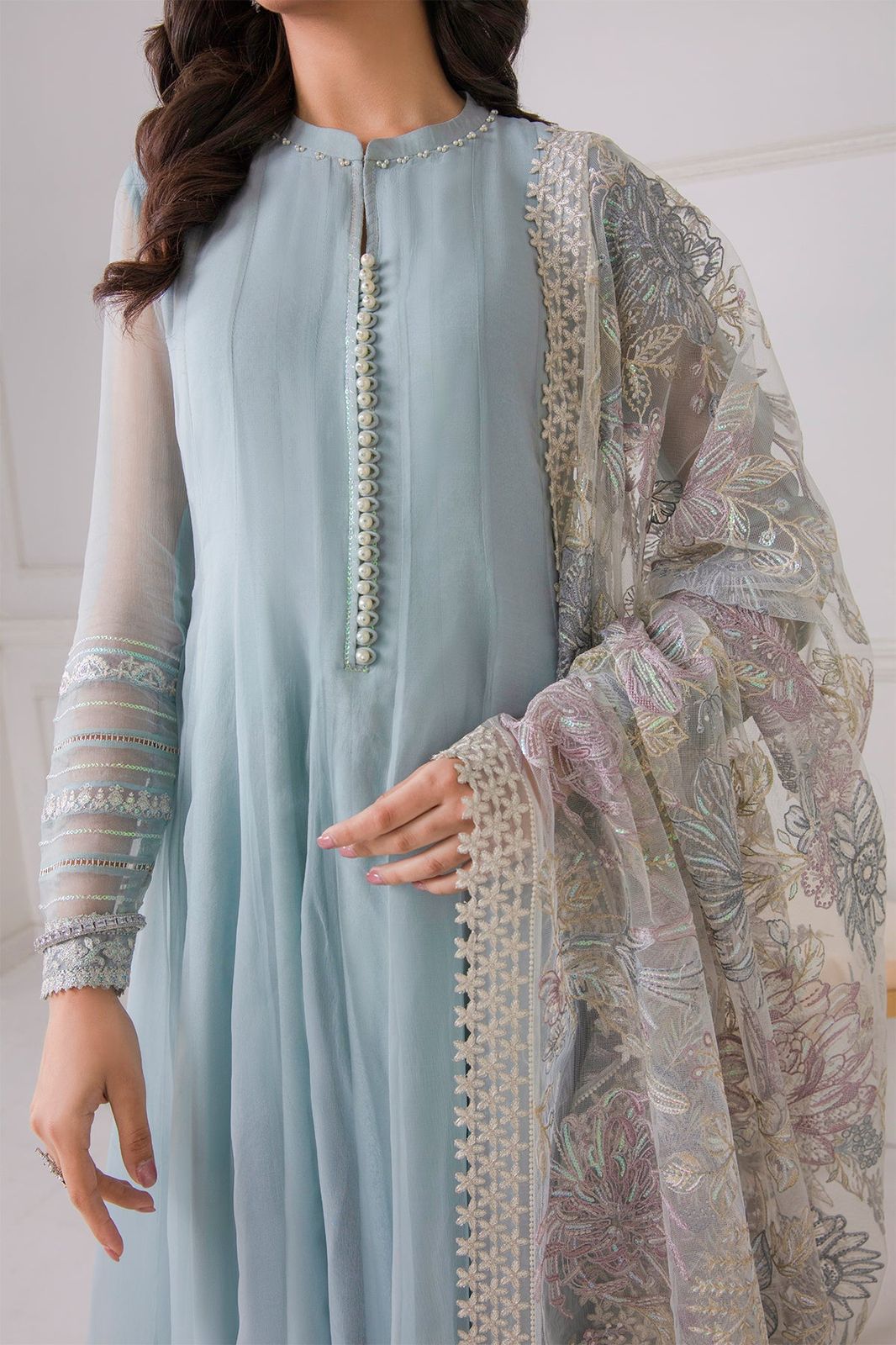 New Pure Chiffon Flairy Ready To Wear Frock With Buttons Gala