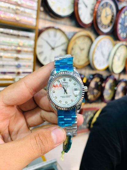 Classic silver ladies wrist watch with white dial and crystal-style markers.