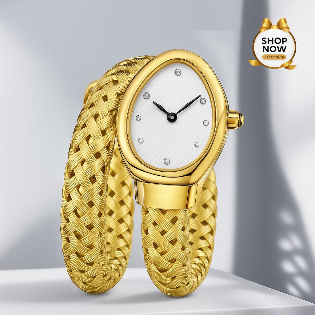 Gold braided watch with a white face on a light gray background