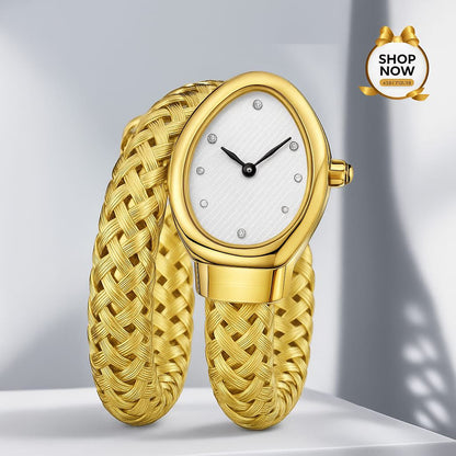Gold braided watch with a white face on a light gray background