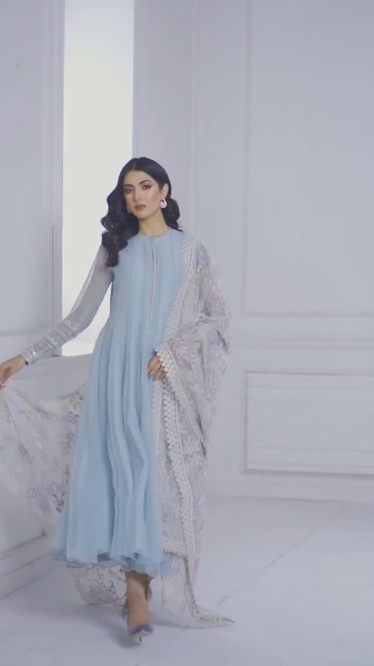 New Pure Chiffon Flairy Ready To Wear Frock With Buttons Gala